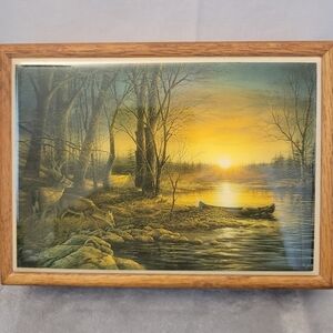 Vintage Wooden Jewelry Trinket Box With Landscape Tile